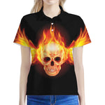 Flaming Skull With Fire Wings Print Women's Polo Shirt