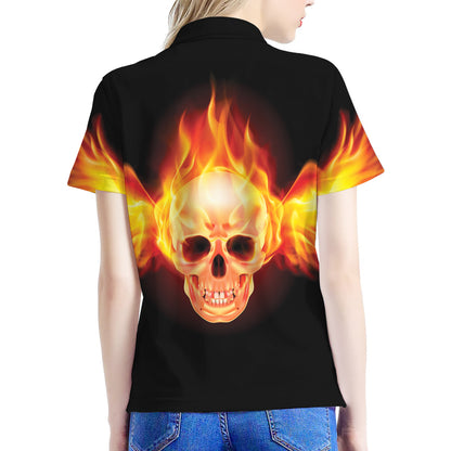 Flaming Skull With Fire Wings Print Women's Polo Shirt