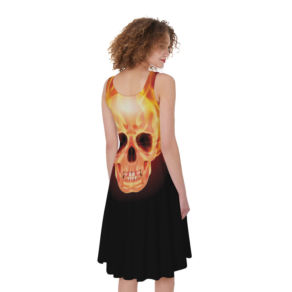 Flaming Skull With Fire Wings Print Women's Sleeveless Dress
