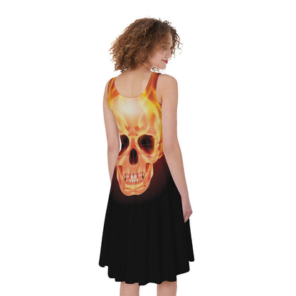 Flaming Skull With Fire Wings Print Women's Sleeveless Dress