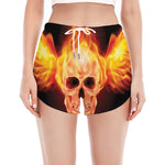 Flaming Skull With Fire Wings Print Women's Split Running Shorts