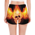 Flaming Skull With Fire Wings Print Women's Split Running Shorts