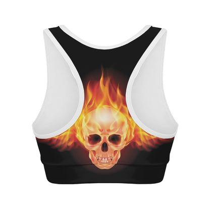 Flaming Skull With Fire Wings Print Women's Sports Bra