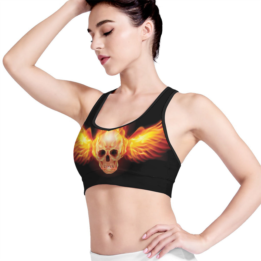 Flaming Skull With Fire Wings Print Women's Sports Bra