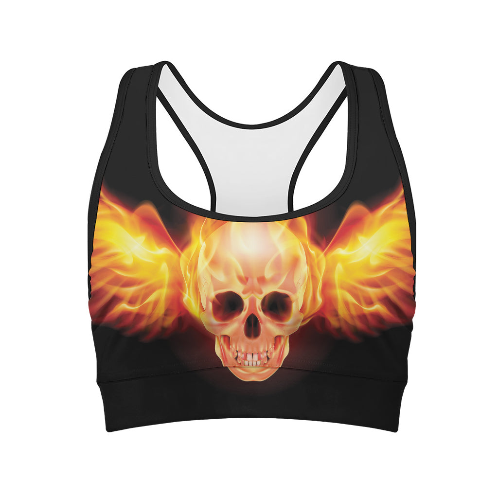 Flaming Skull With Fire Wings Print Women's Sports Bra