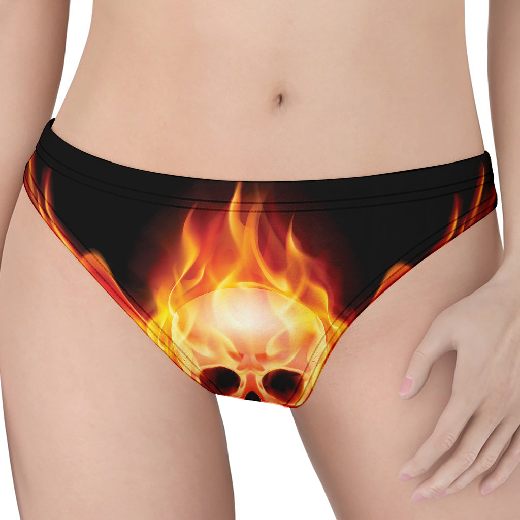 Flaming Skull With Fire Wings Print Women's Thong
