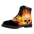 Flaming Skull With Fire Wings Print Padded Collar Lace Up Boots