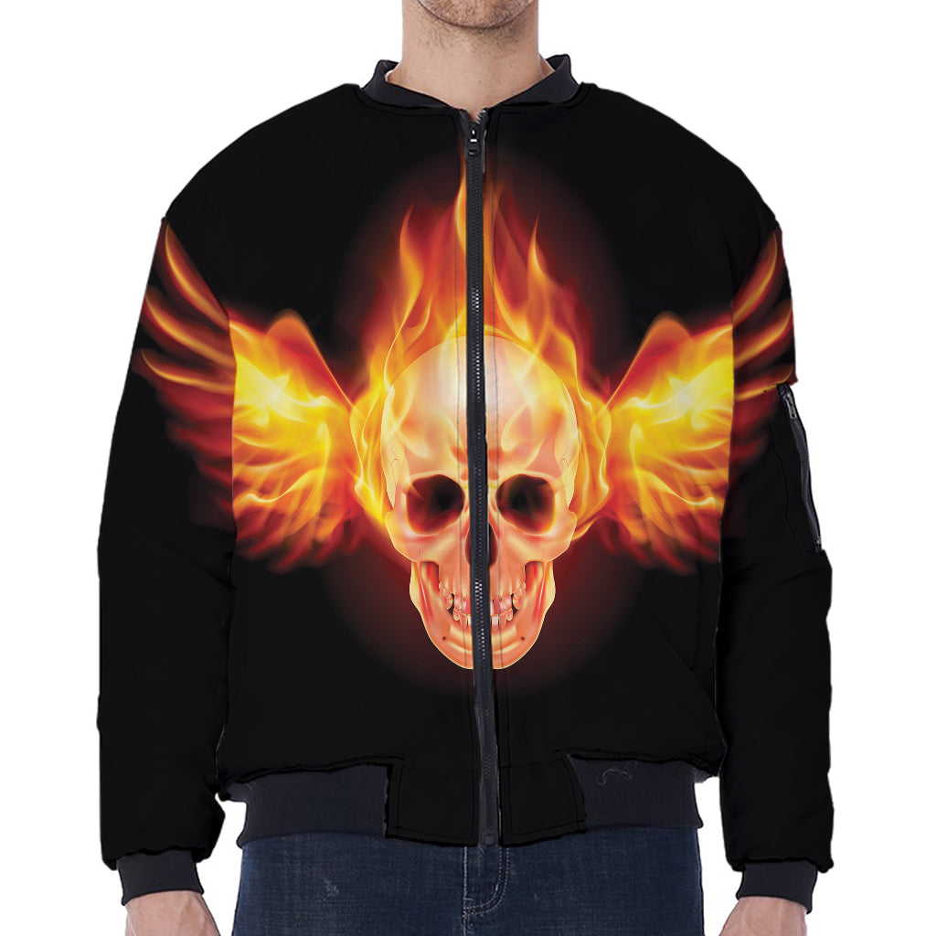 Flaming Skull With Fire Wings Print Zip Sleeve Bomber Jacket
