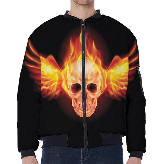 Flaming Skull With Fire Wings Print Zip Sleeve Bomber Jacket