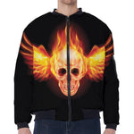 Flaming Skull With Fire Wings Print Zip Sleeve Bomber Jacket