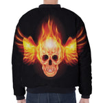 Flaming Skull With Fire Wings Print Zip Sleeve Bomber Jacket