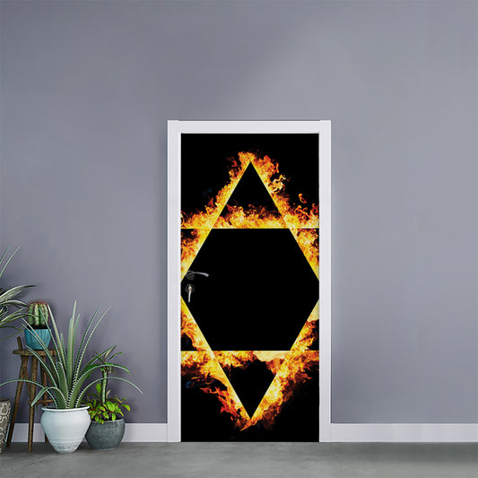 Flaming Star of David Print Door Sticker