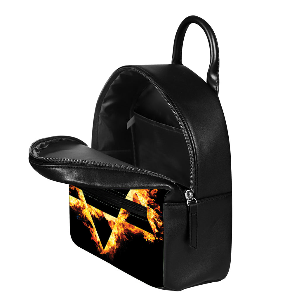 Flaming Star of David Print Leather Backpack