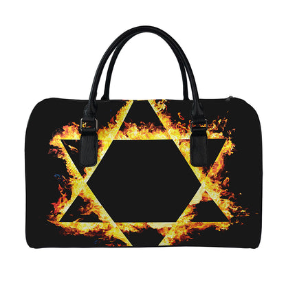 Flaming Star of David Print Leather Duffle Bag