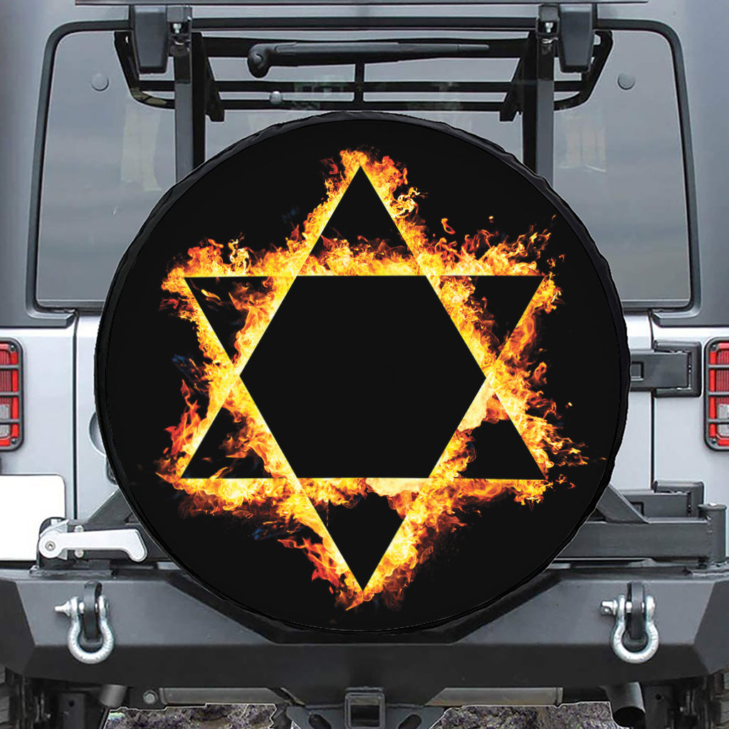 Flaming Star of David Print Leather Spare Tire Cover