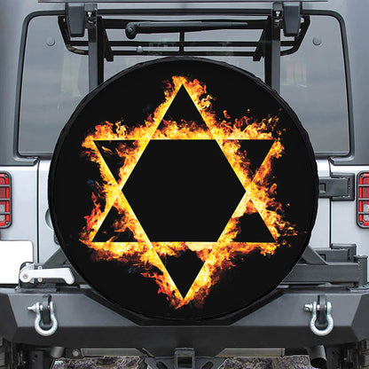 Flaming Star of David Print Leather Spare Tire Cover