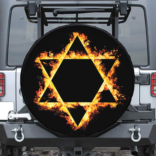 Flaming Star of David Print Leather Spare Tire Cover