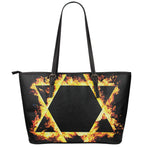 Flaming Star of David Print Leather Tote Bag