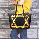 Flaming Star of David Print Leather Tote Bag
