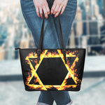 Flaming Star of David Print Leather Tote Bag