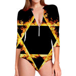 Flaming Star of David Print Long Sleeve Swimsuit