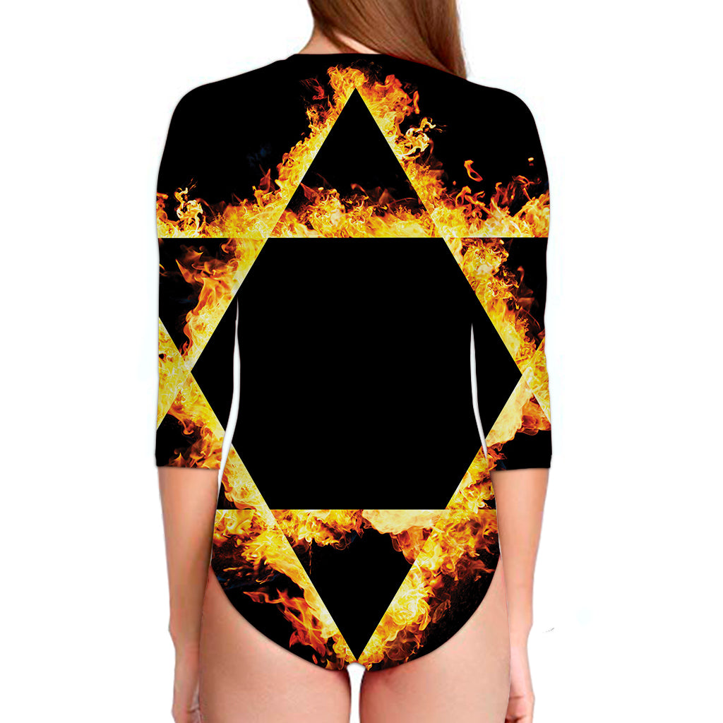 Flaming Star of David Print Long Sleeve Swimsuit