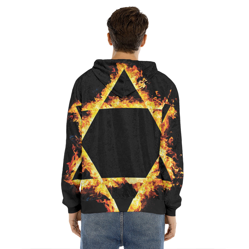 Flaming Star of David Print Men's Velvet Pullover Hoodie