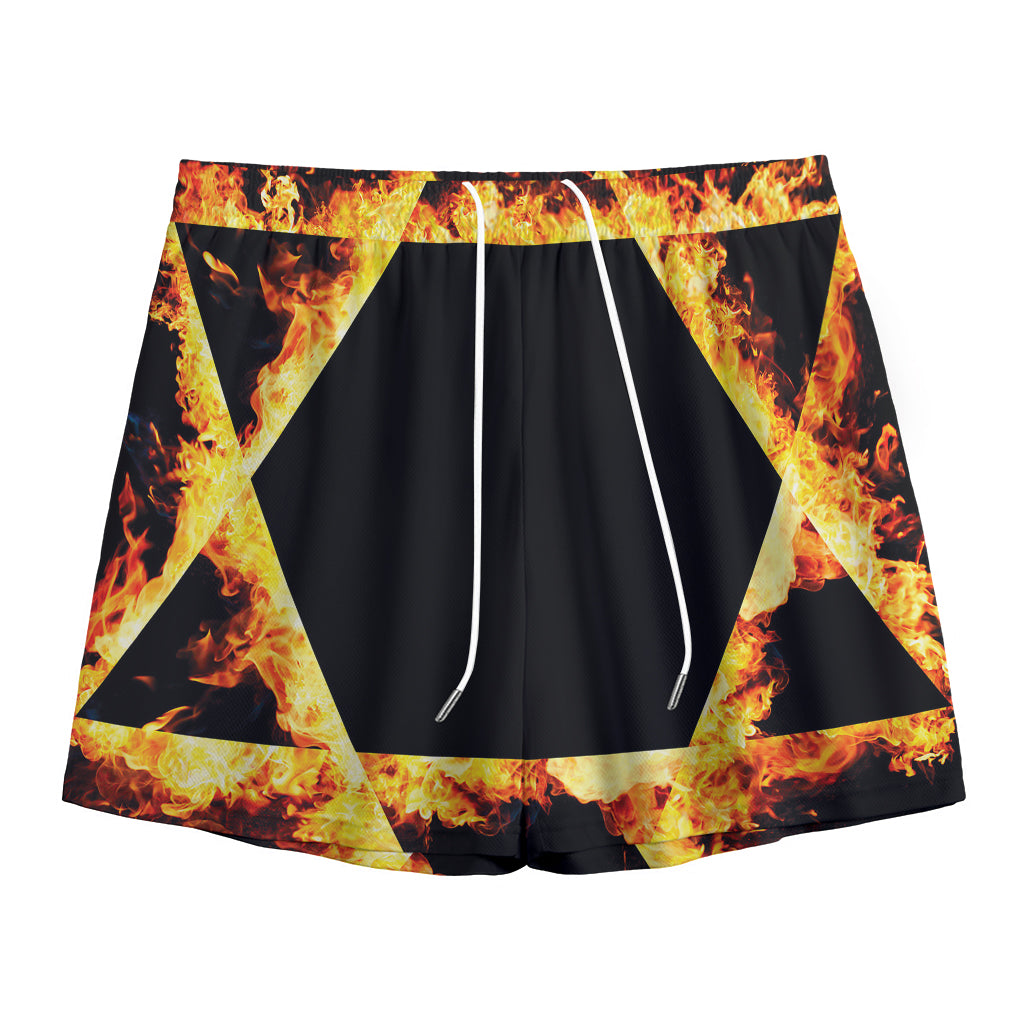 Flaming Star of David Print Mesh Shorts