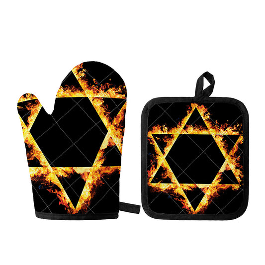 Flaming Star of David Print Oven Mitt And Pot Holder Set