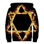 Flaming Star of David Print Sherpa Lined Zip Up Hoodie