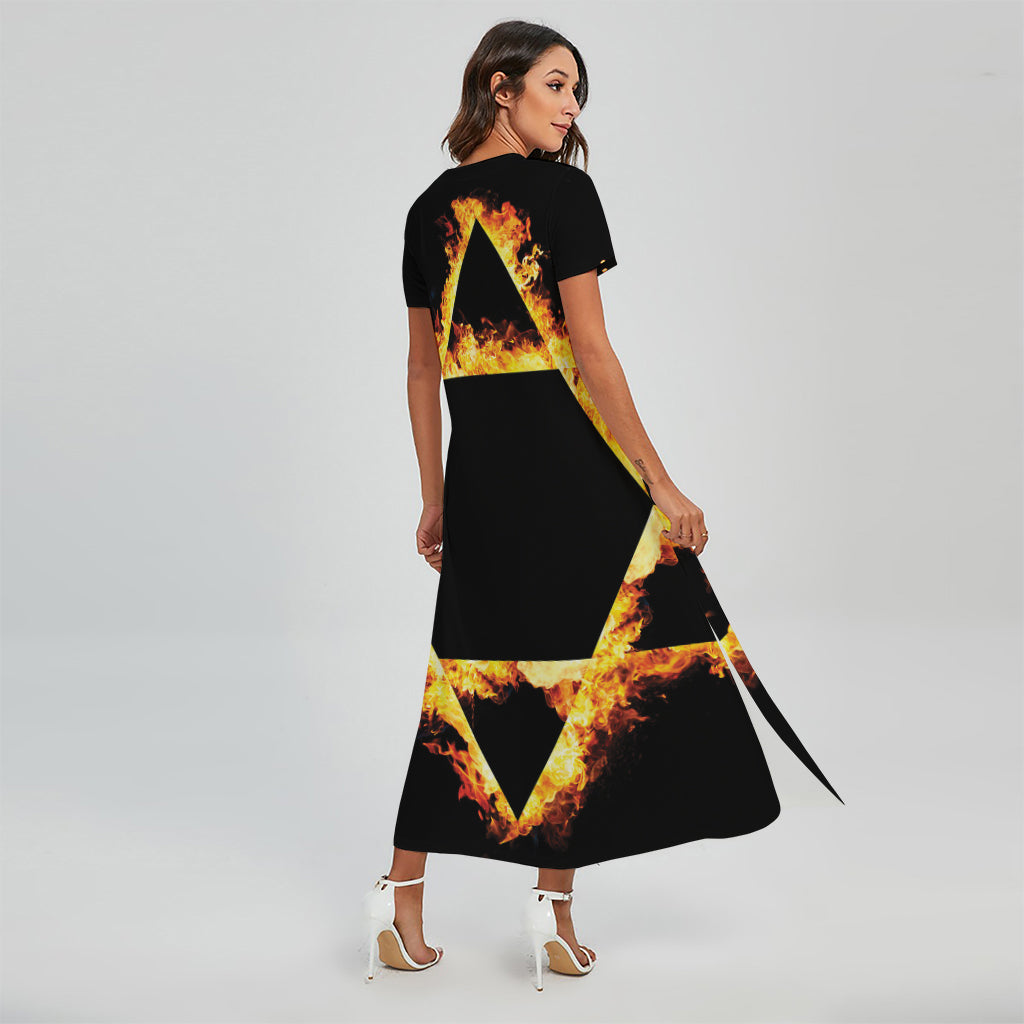 Flaming Star of David Print Short Sleeve Maxi Dress