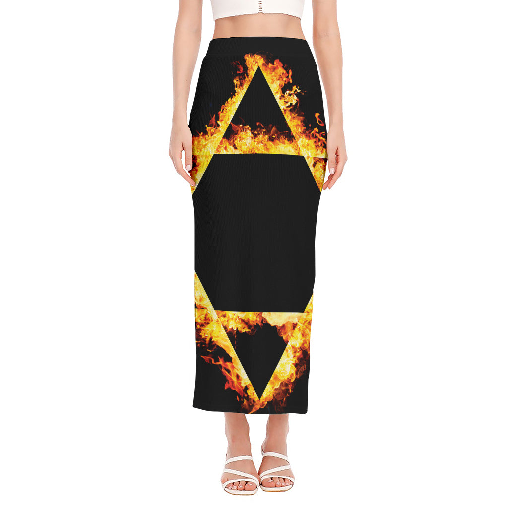 Flaming Star of David Print Side Slit Maxi Skirt