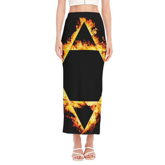 Flaming Star of David Print Side Slit Maxi Skirt