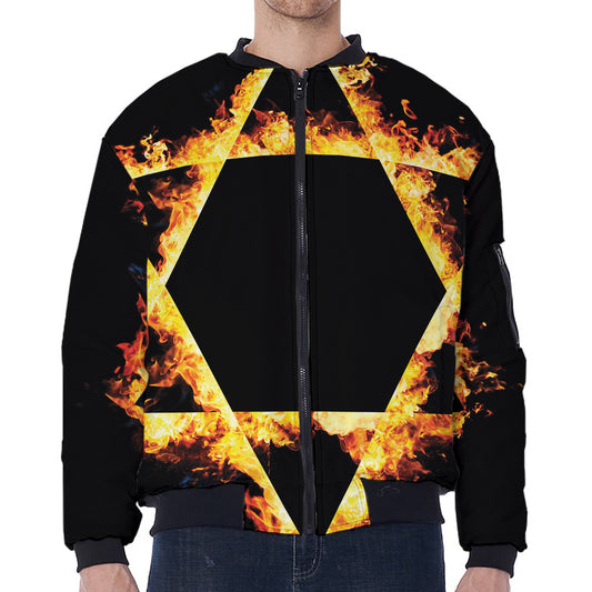 Flaming Star of David Print Zip Sleeve Bomber Jacket