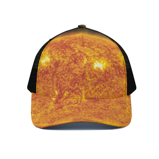 Flaming Sun Print Black Mesh Trucker Cap