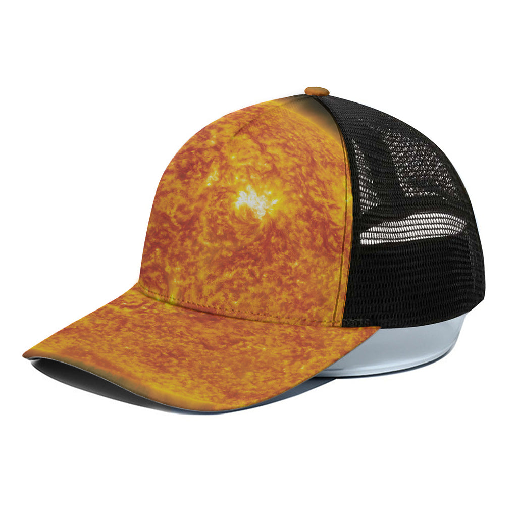 Flaming Sun Print Black Mesh Trucker Cap