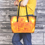Flaming Sun Print Leather Tote Bag