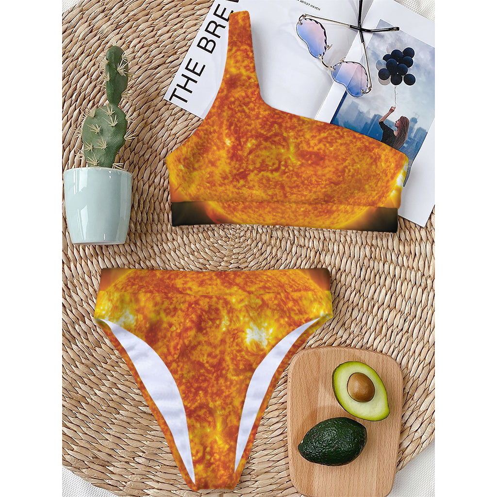 Flaming Sun Print One Shoulder Bikini Top