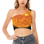 Flaming Sun Print One Shoulder Crop Top