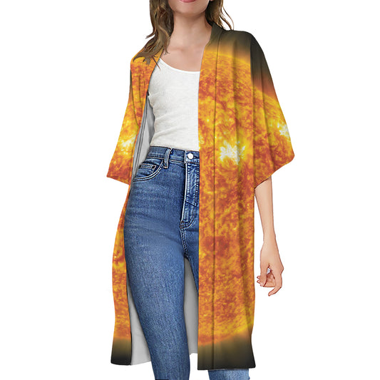 Flaming Sun Print Open Front Beach Cover Up