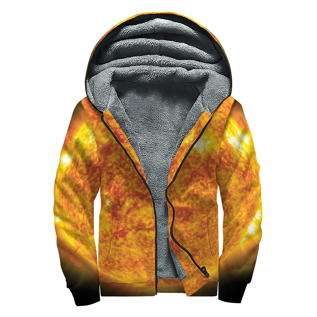 Flaming Sun Print Sherpa Lined Zip Up Hoodie