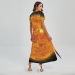 Flaming Sun Print Short Sleeve Maxi Dress