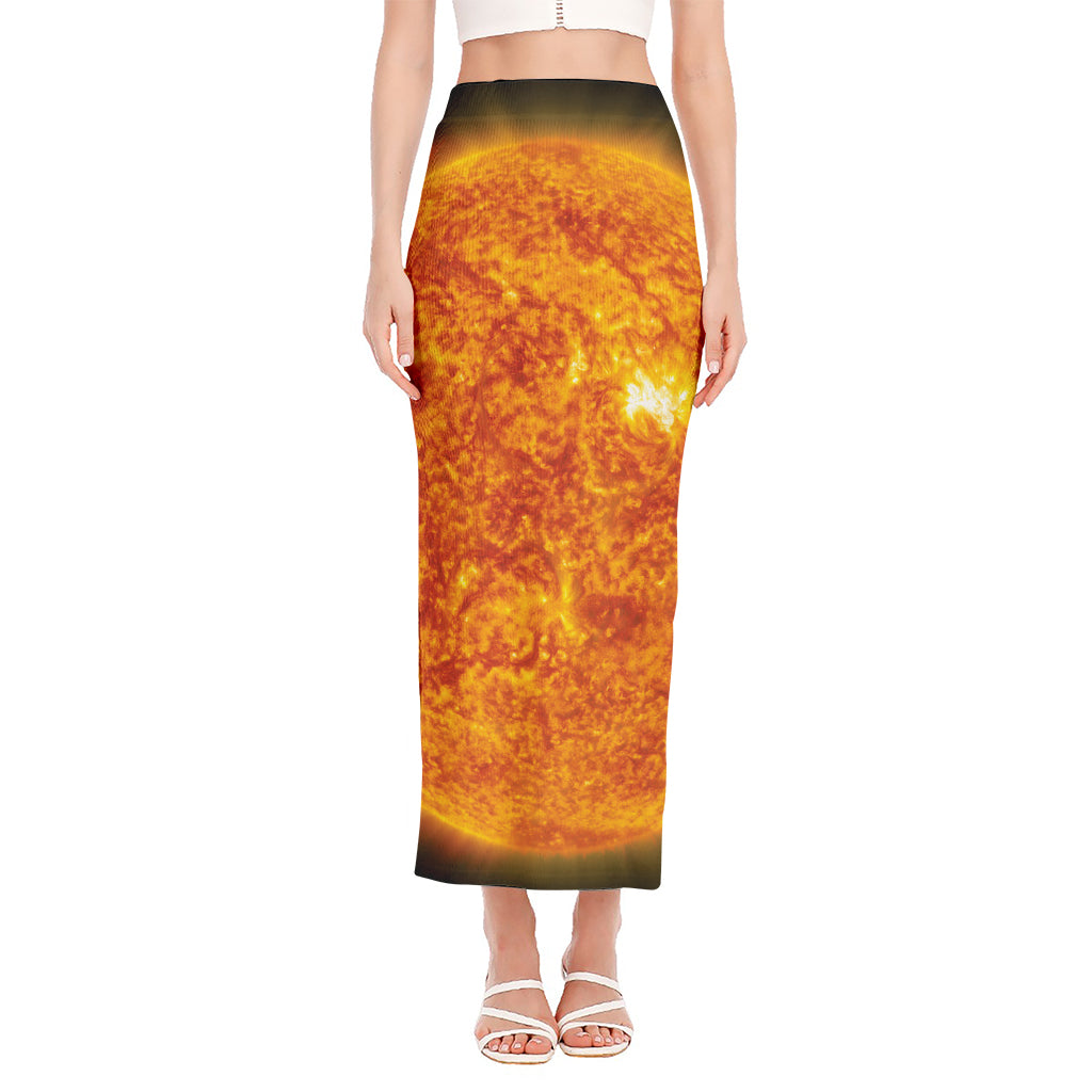 Flaming Sun Print Side Slit Maxi Skirt