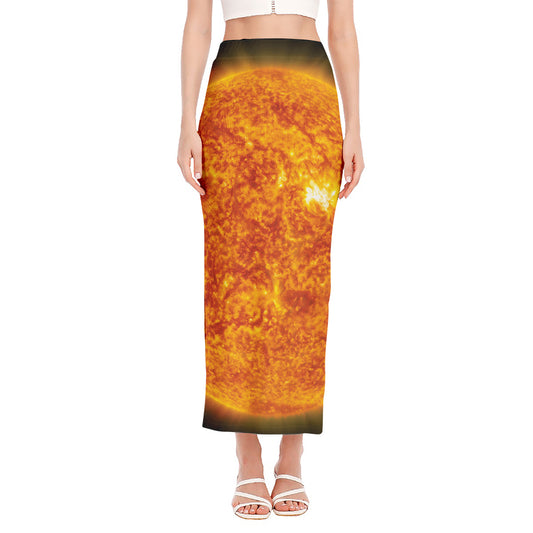 Flaming Sun Print Side Slit Maxi Skirt