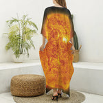 Flaming Sun Print Silk V-Neck Kaftan Dress