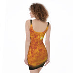 Flaming Sun Print Sleeveless Bodycon Dress