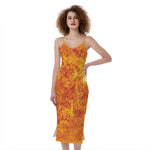 Flaming Sun Print Slim Fit Midi Cami Dress