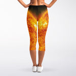 Flaming Sun Print Women's Capri Leggings