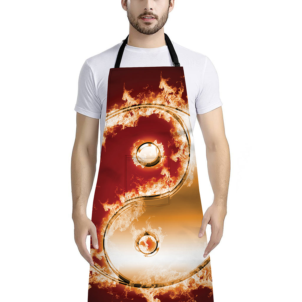 Flaming Yin Yang Print Bib Apron With Pocket