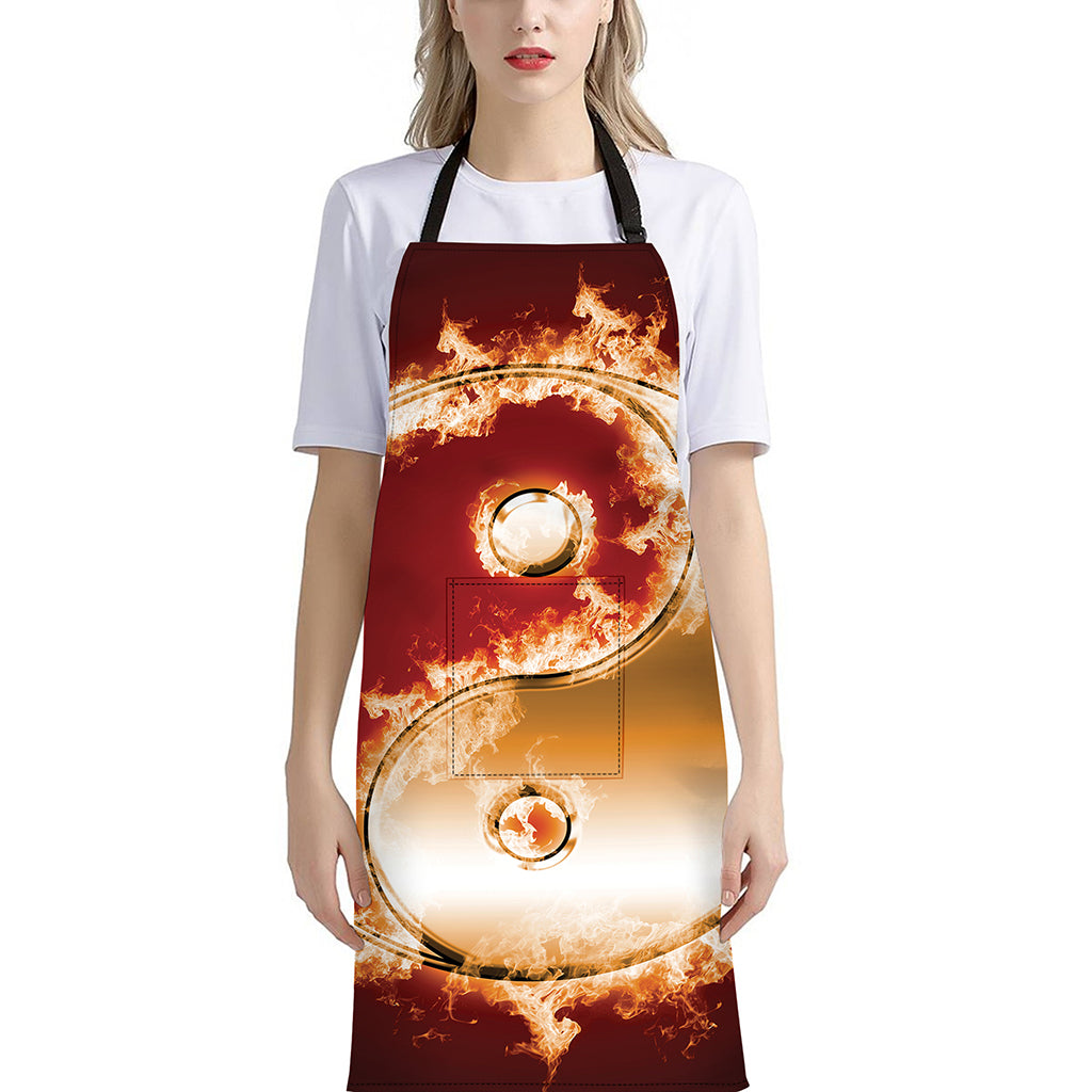 Flaming Yin Yang Print Bib Apron With Pocket